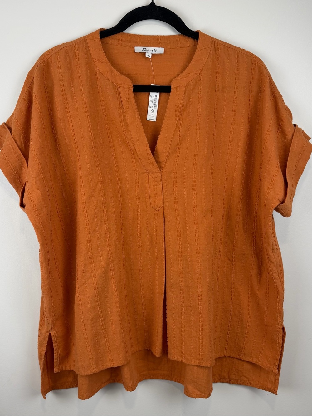 Madewell 100% Cotton Oversized Popover V-Neck Shirt Boxy Top Burnt Orange Sz S